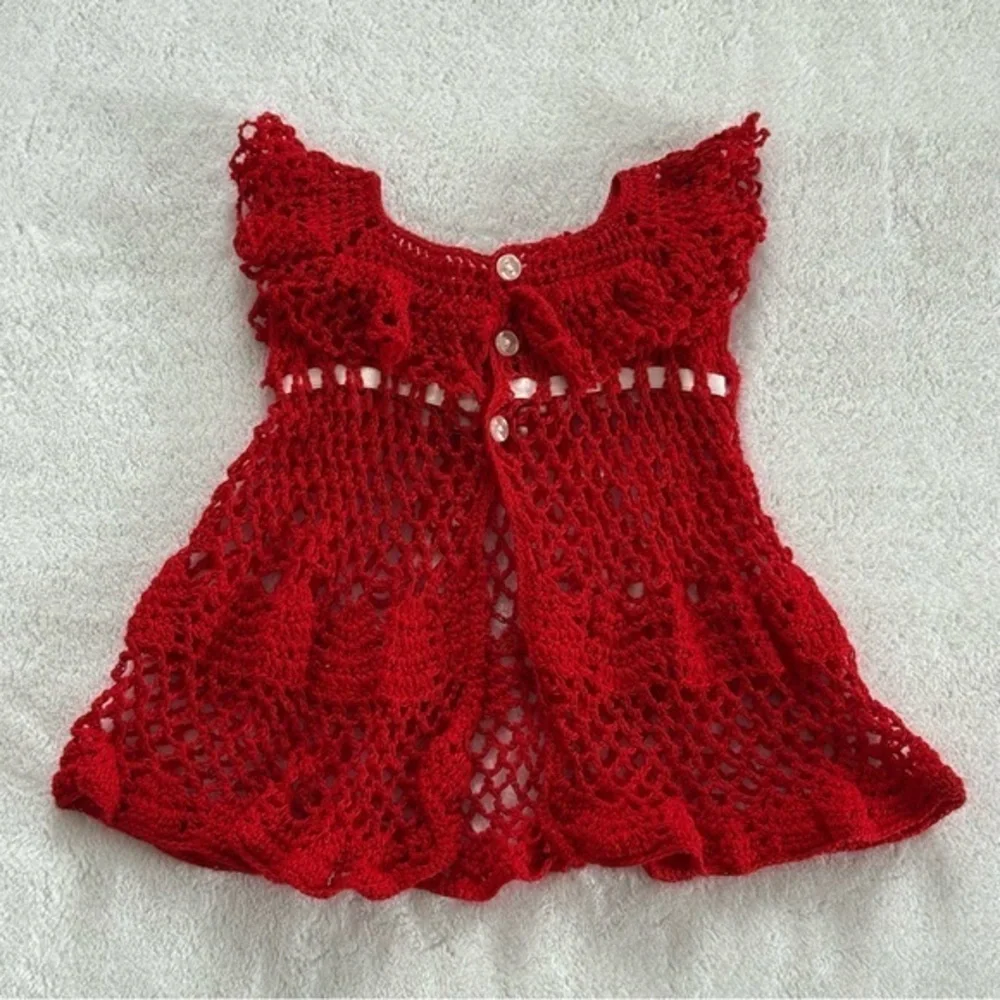 Handmade Red Crochet Baby Dress with Ribbon Bow Girls Kid Vintage Heirloom Style